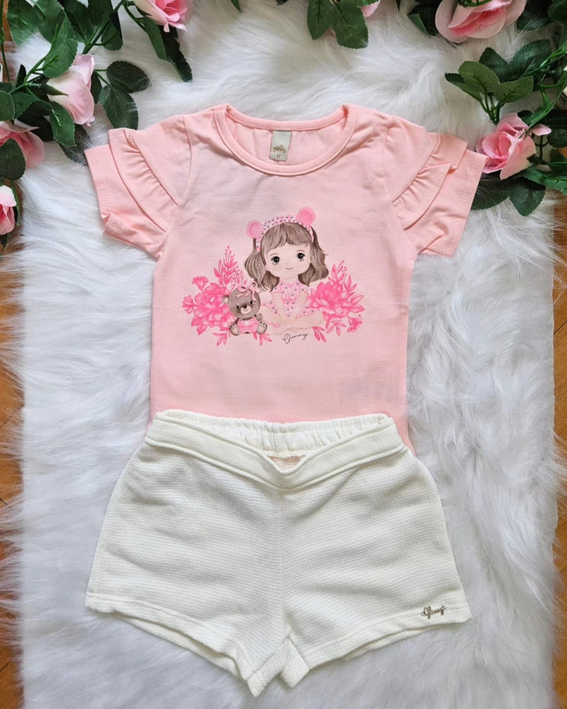 Conjunto Menina Glinny Blusa Cotton Shorts Moletom Piquê Branco/Rosa