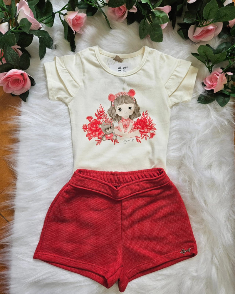 Conjunto Menina Glinny Blusa Cotton Shorts Moletom Piquê Branco/Vermelho