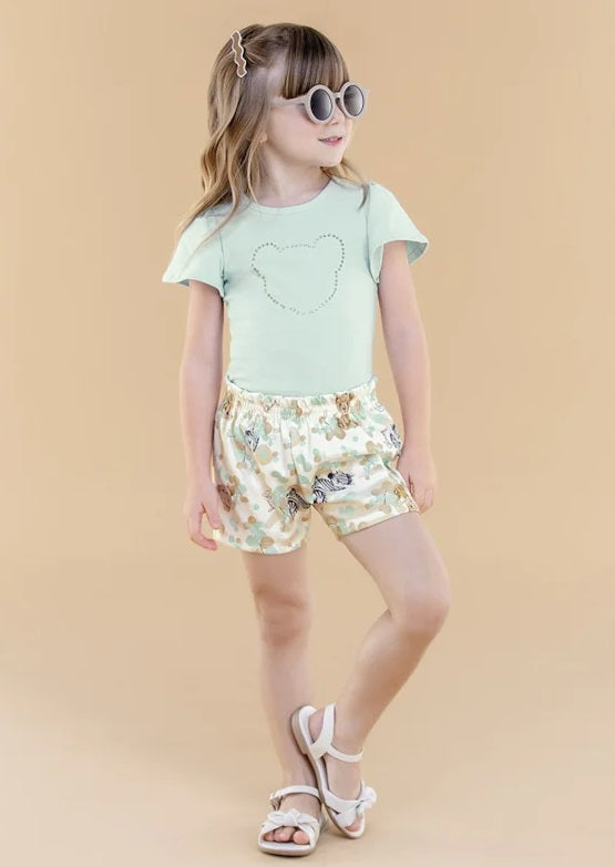 Conjunto Menina Glinny Blusa Cotton Shorts Moletinho Estampado