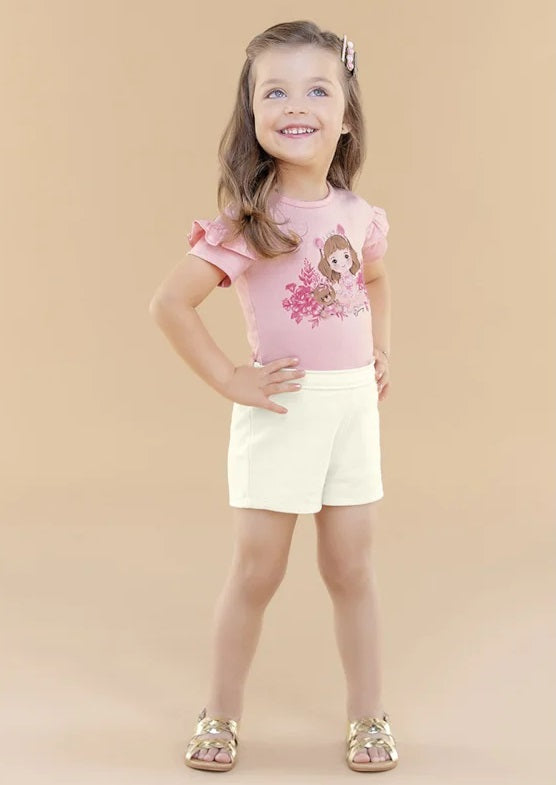 Conjunto Menina Glinny Blusa Cotton Shorts Moletom Piquê Branco/Rosa