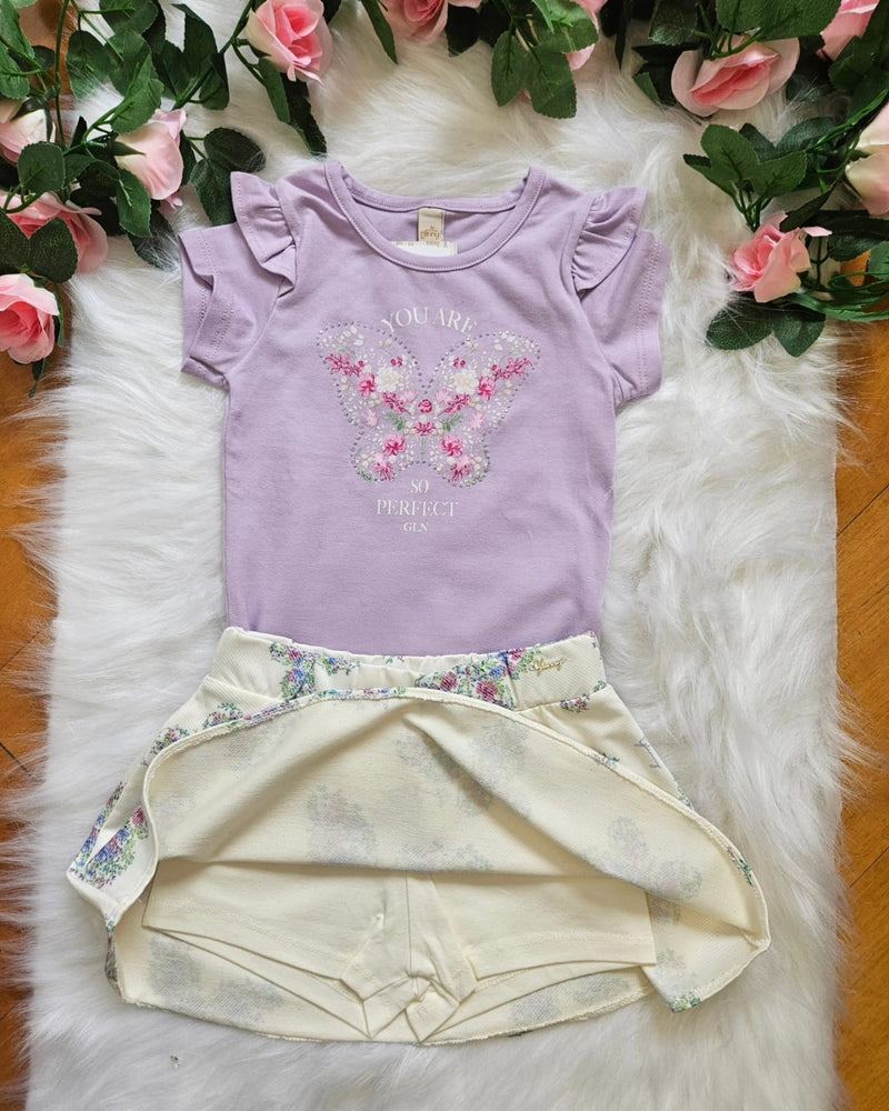 Conjunto Menina Glinny Blusa Cotton Shorts Saia Borboletas/lilás