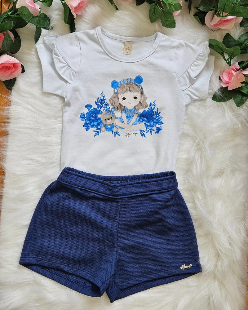 Conjunto Menina Glinny Blusa Cotton Shorts Moletom Piquê Branco/Marinho