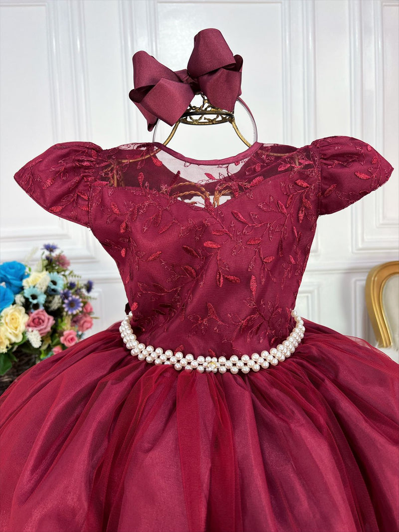 Vestido Infantil Marsala Damas Honra Casamento Renda Pérolas