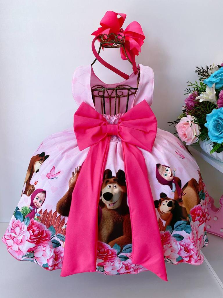 Vestido Infantil Masha e o Urso Rosa Borboletas Aplique Flor (2934RS)