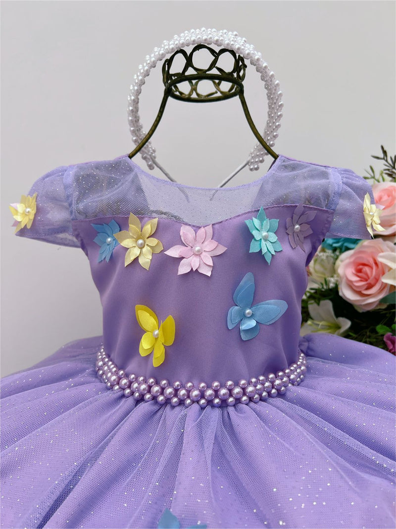 Vestido Infantil Lilás C/ Aplique Borboletas Flores Pérolas