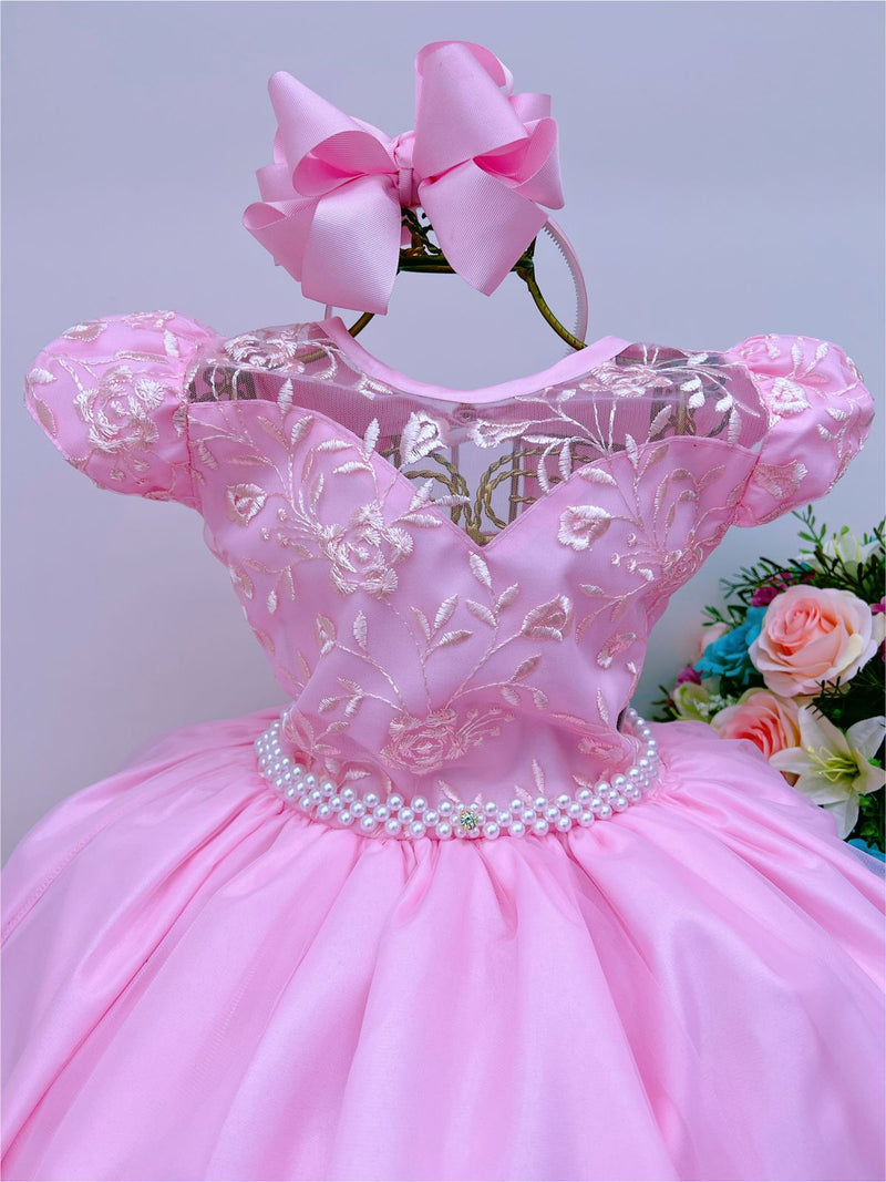 Vestido Infantil Dama Honra Rosa Casamento Renda Pérola