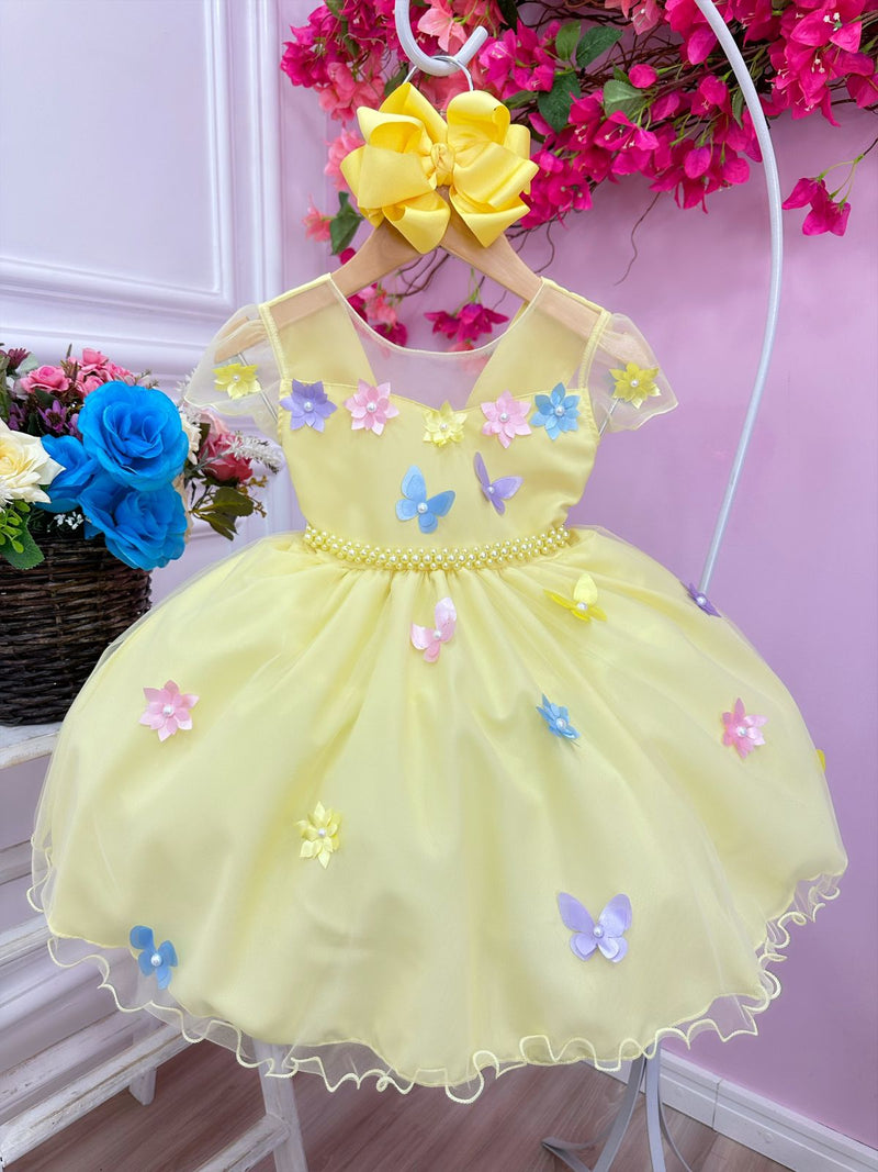 Vestido Infantil Amarelo Aplique Borboletas Flores Pérolas