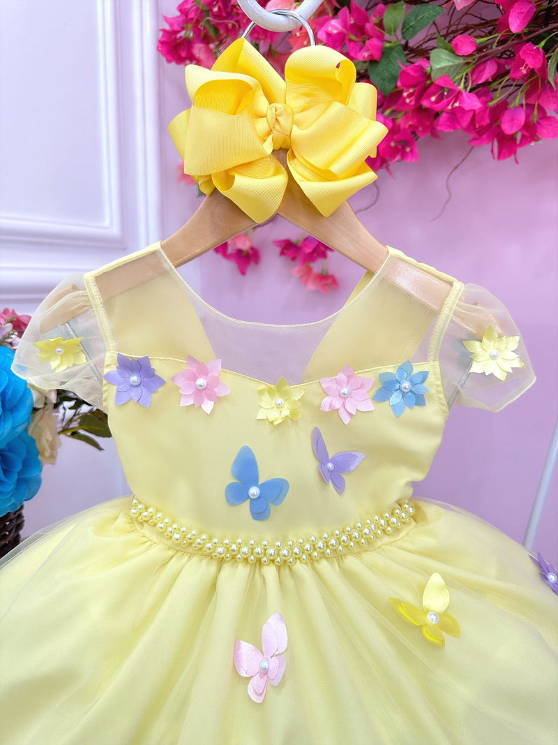 Vestido Infantil Amarelo Aplique Borboletas Flores Pérolas