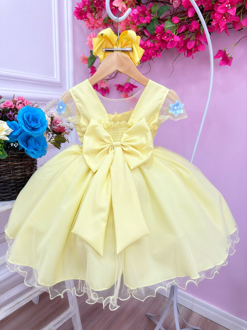 Vestido Infantil Amarelo Aplique Borboletas Flores Pérolas