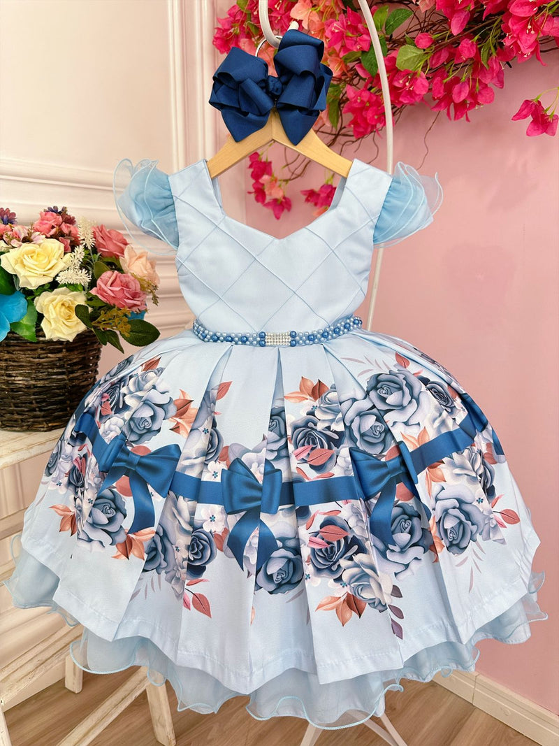 Vestido Infantil Azul Florido Busto Nervura Cinto de Pérolas