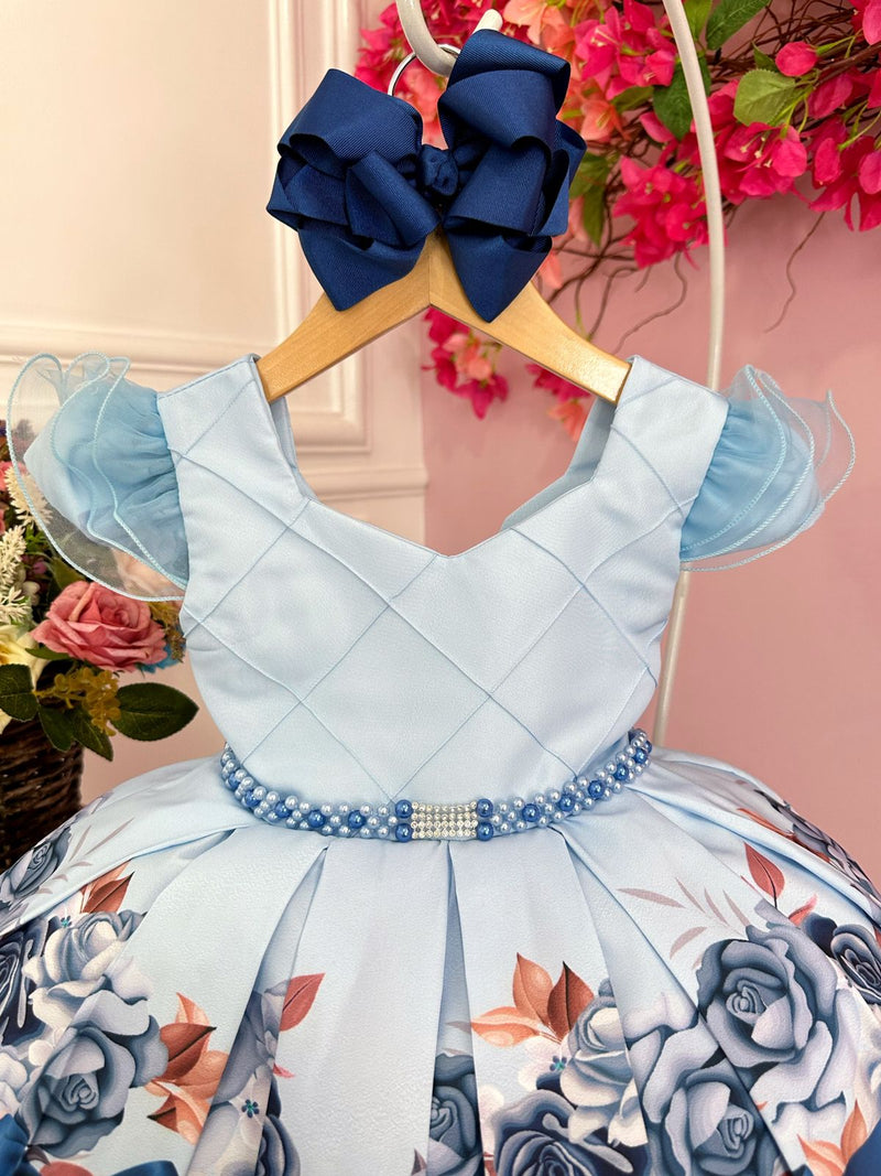 Vestido Infantil Azul Florido Busto Nervura Cinto de Pérolas