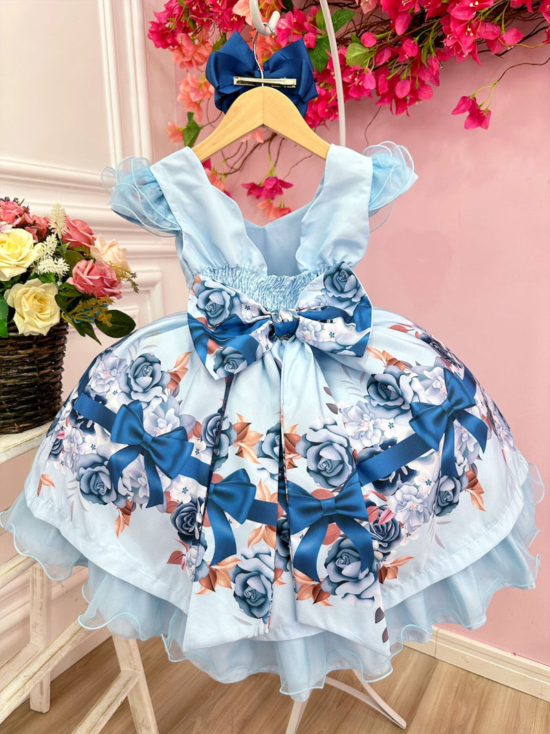 Vestido Infantil Azul Florido Busto Nervura Cinto de Pérolas