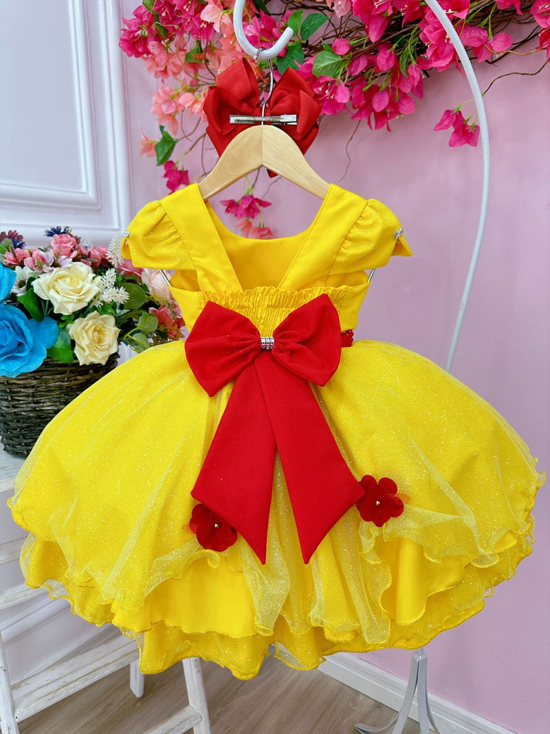 Vestido Infantil Bela e a Fera Saia Glitter e Aplique Flores