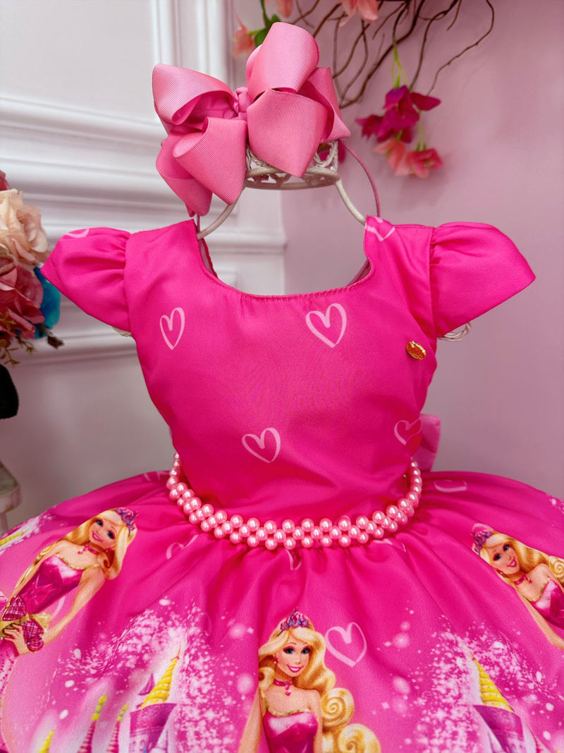 Vestido Infantil Barbie Rosa Chiclete Com Cinto de Pérolas