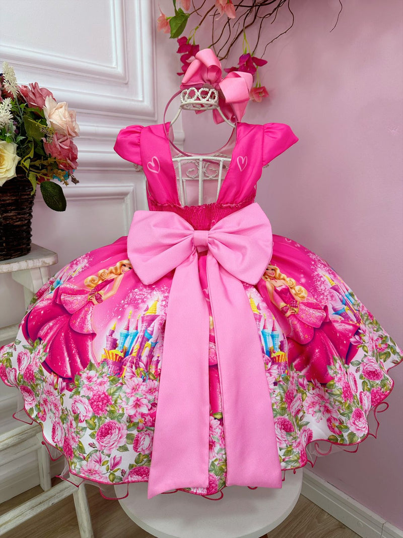 Vestido Infantil Barbie Rosa Chiclete Com Cinto de Pérolas