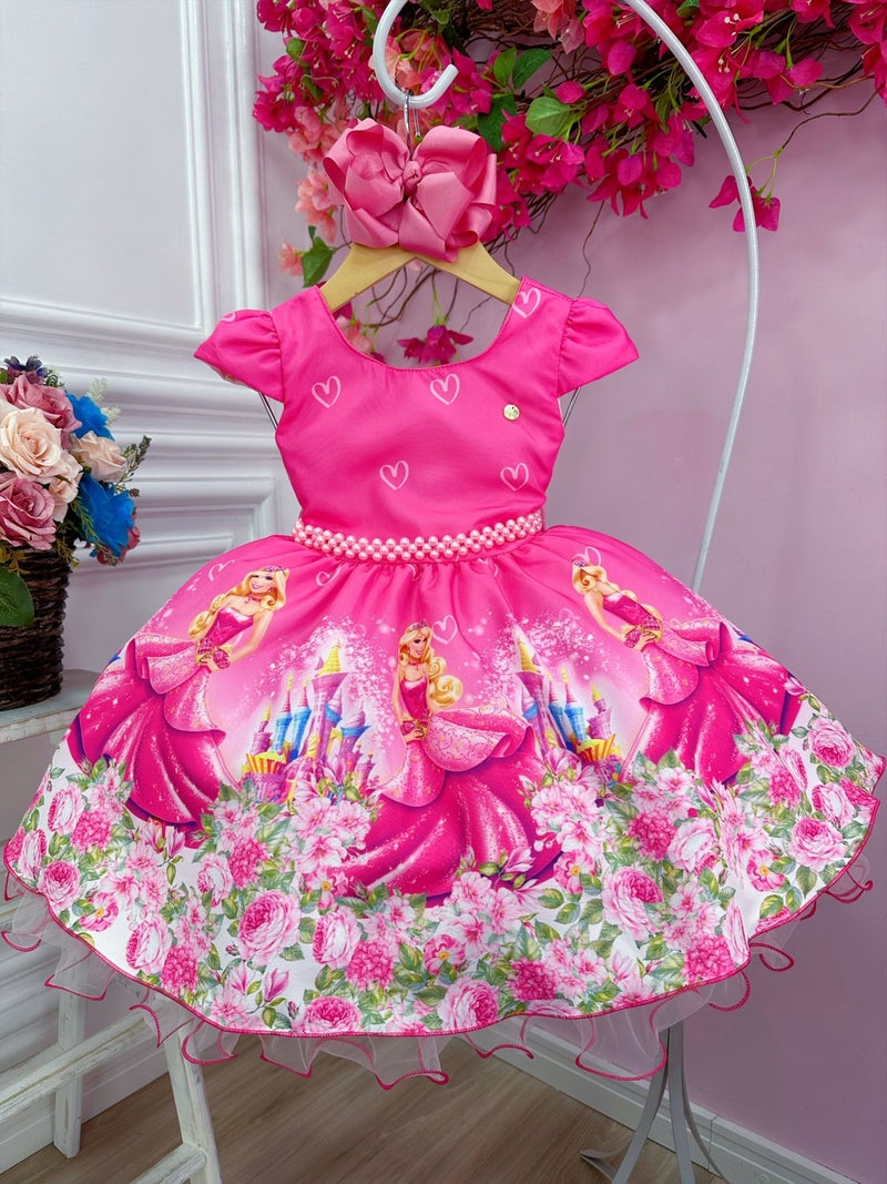 Vestido Infantil Barbie Rosa Chiclete Com Cinto de Pérolas