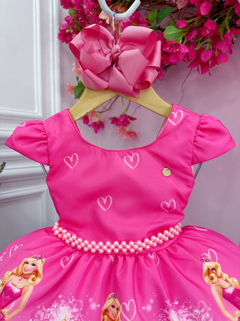 Vestido Infantil Barbie Rosa Chiclete Com Cinto de Pérolas