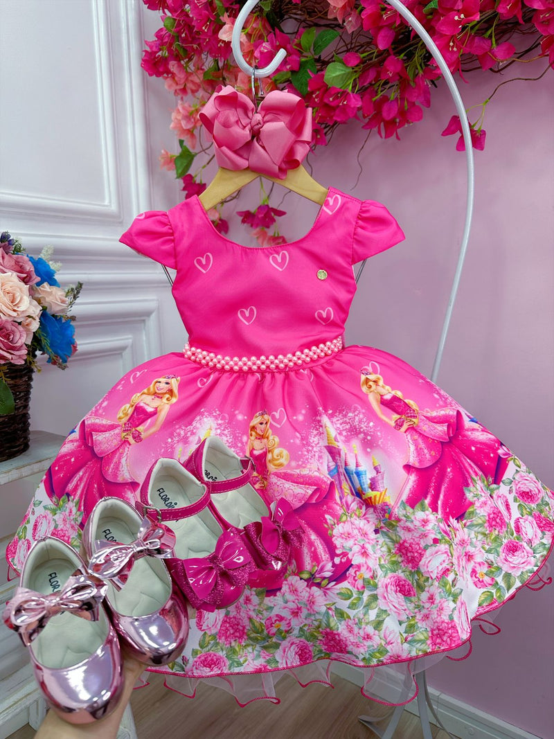 Vestido Infantil Barbie Rosa Chiclete Com Cinto de Pérolas