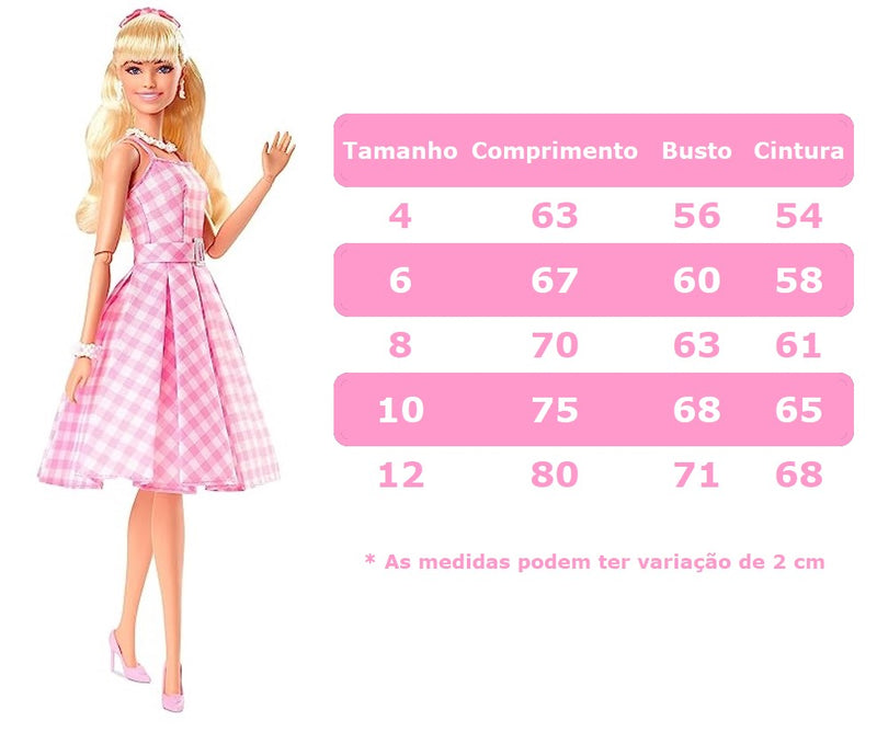 Vestido Infantil Barbie Rosa Xadrez Branco Cinto C/ Fivela