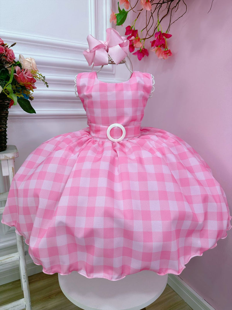 Vestido Infantil Barbie Rosa Xadrez Branco Cinto C/ Fivela