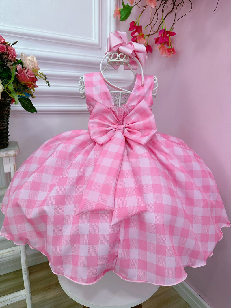 Vestido Infantil Barbie Rosa Xadrez Branco Cinto C/ Fivela