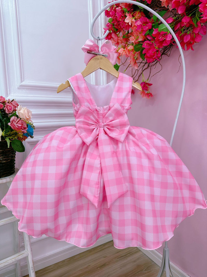 Vestido Infantil Barbie Rosa Xadrez Branco Cinto C/ Fivela