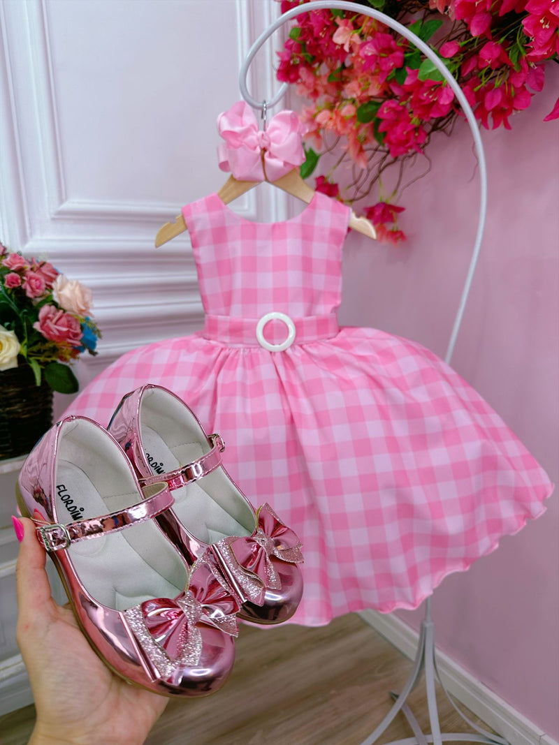 Vestido Infantil Barbie Rosa Xadrez Branco Cinto C/ Fivela