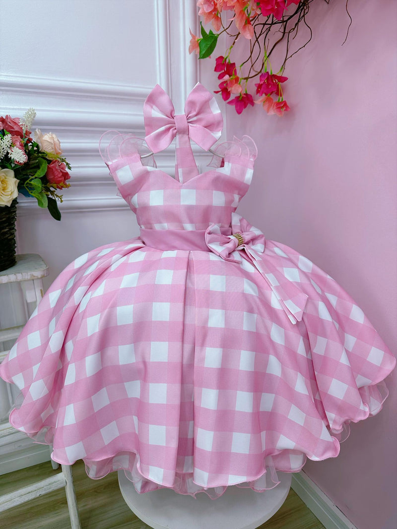 Vestido Infantil Barbie Rosa Xadrez Branco Com Laço (2023RB)