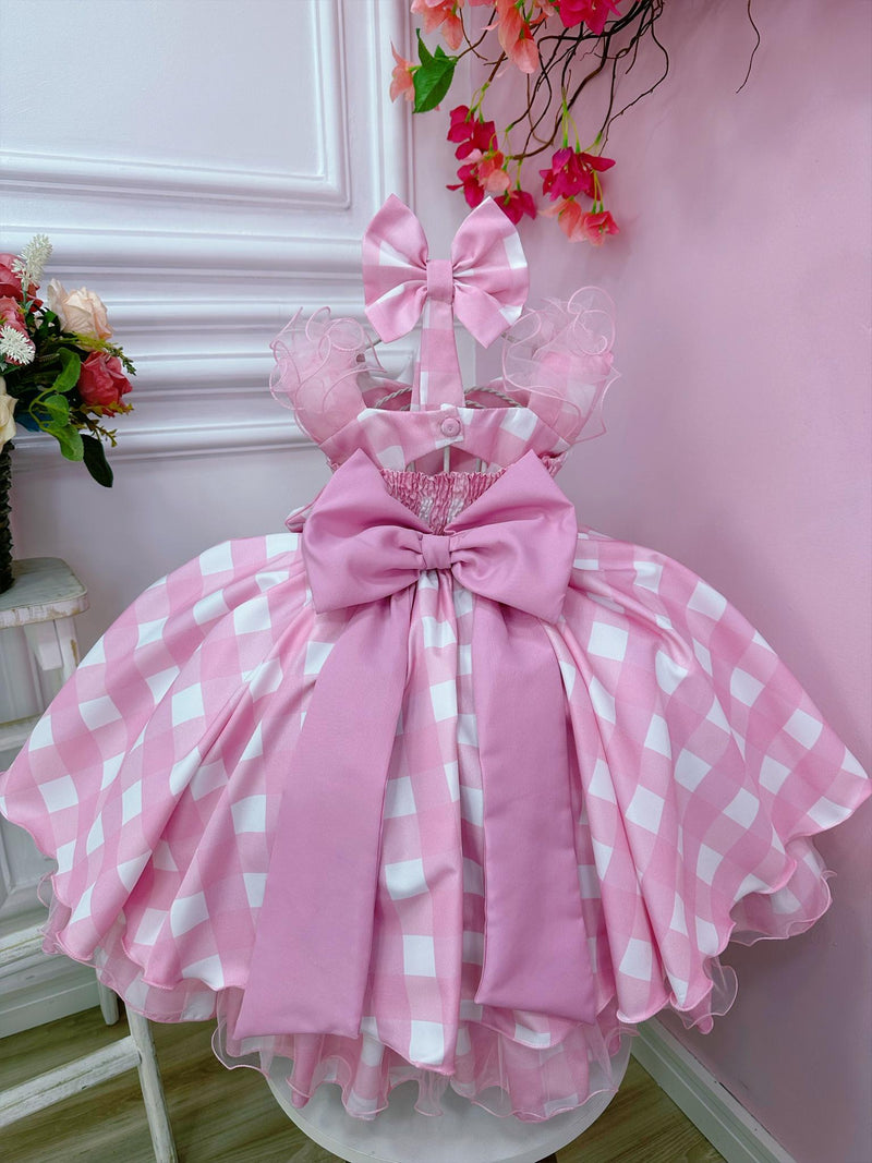 Vestido Infantil Barbie Rosa Xadrez Branco Com Laço (2023RB)