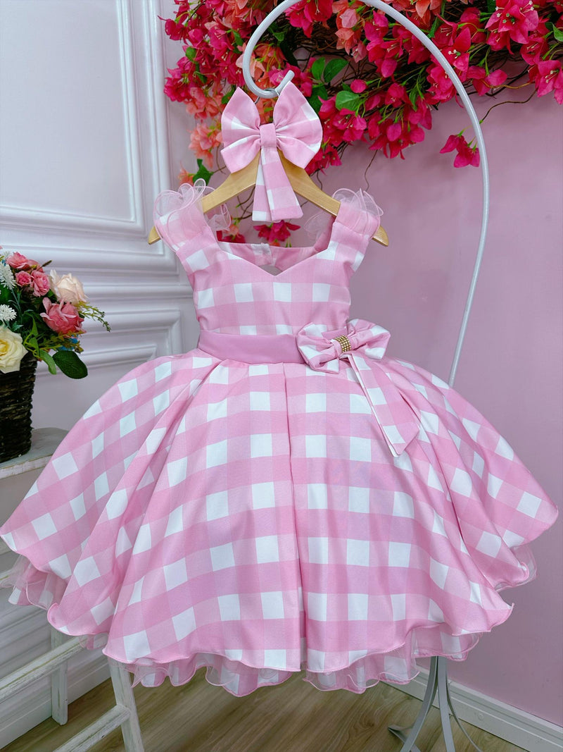 Vestido Infantil Barbie Rosa Xadrez Branco Com Laço (2023RB)