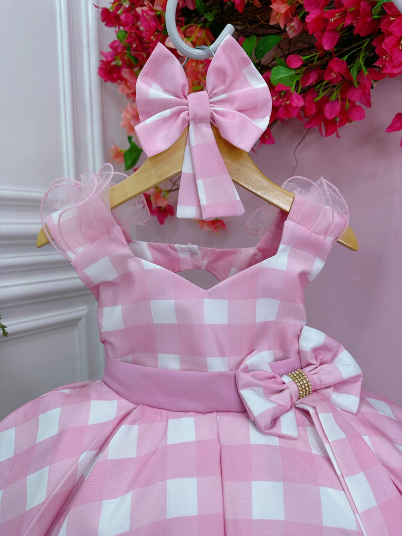 Vestido Infantil Barbie Rosa Xadrez Branco Com Laço (2023RB)