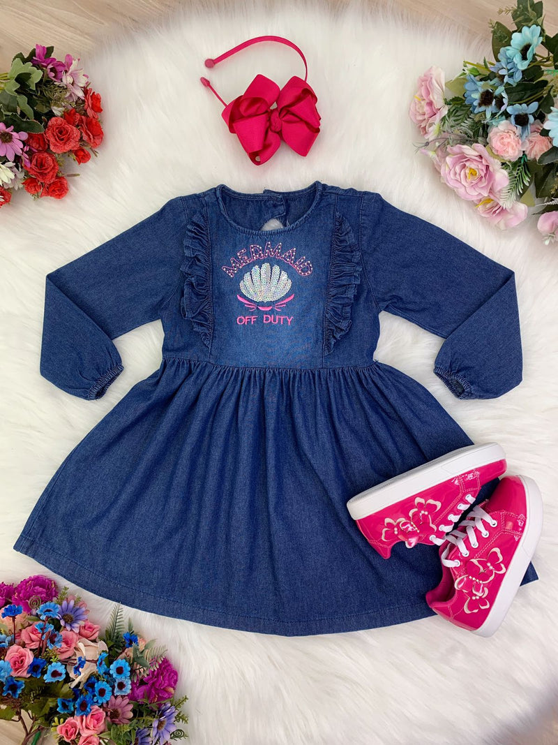 Vestido Infantil Jeans Com Manga Longa Mermaid Off Duty