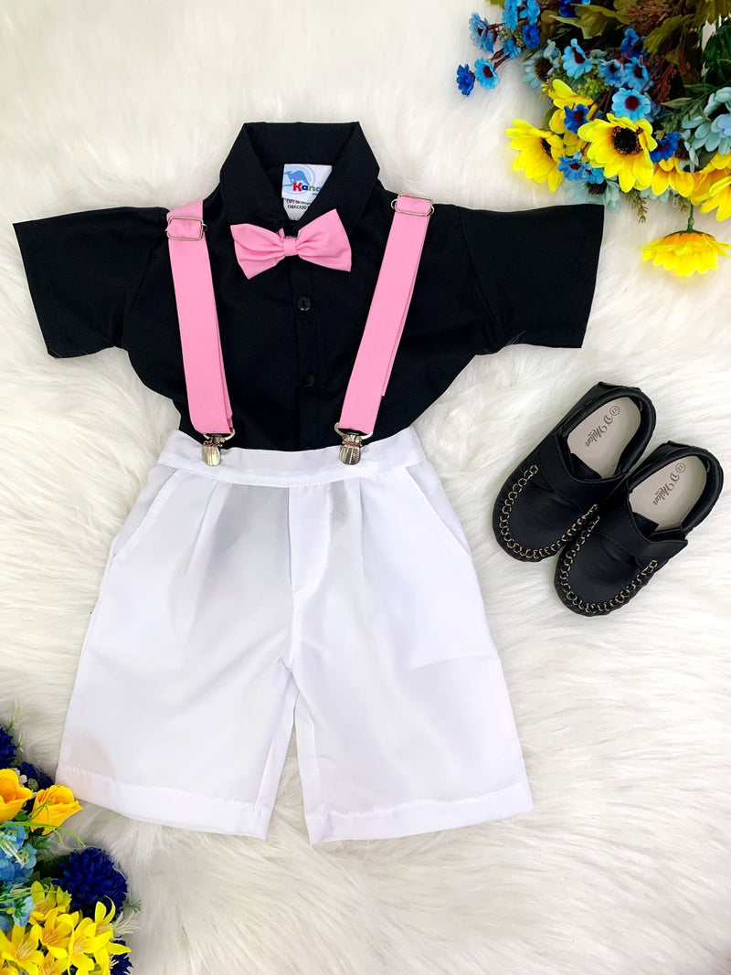 Conjunto Camisa Preta e Short Branco C/ Susp. Mundo Bita