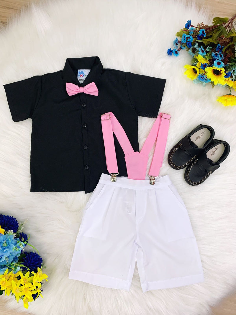 Conjunto Camisa Preta e Short Branco C/ Susp. Mundo Bita