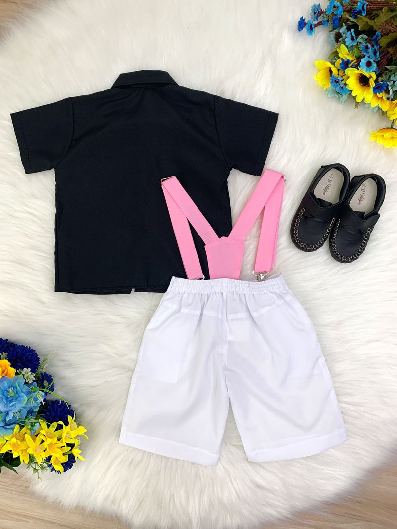 Conjunto Camisa Preta e Short Branco C/ Susp. Mundo Bita