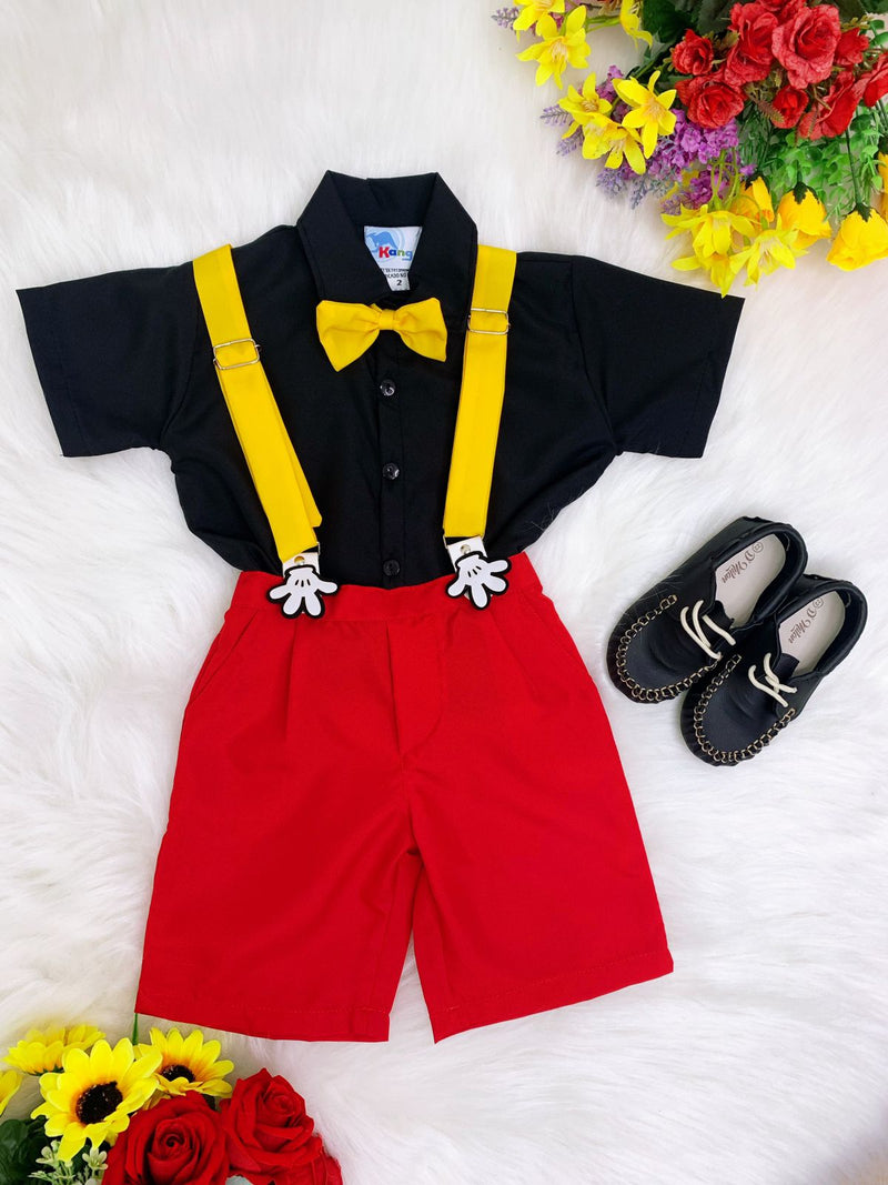 Conjunto Camisa Preta e Short Vermelha C/ Susp. Mickey