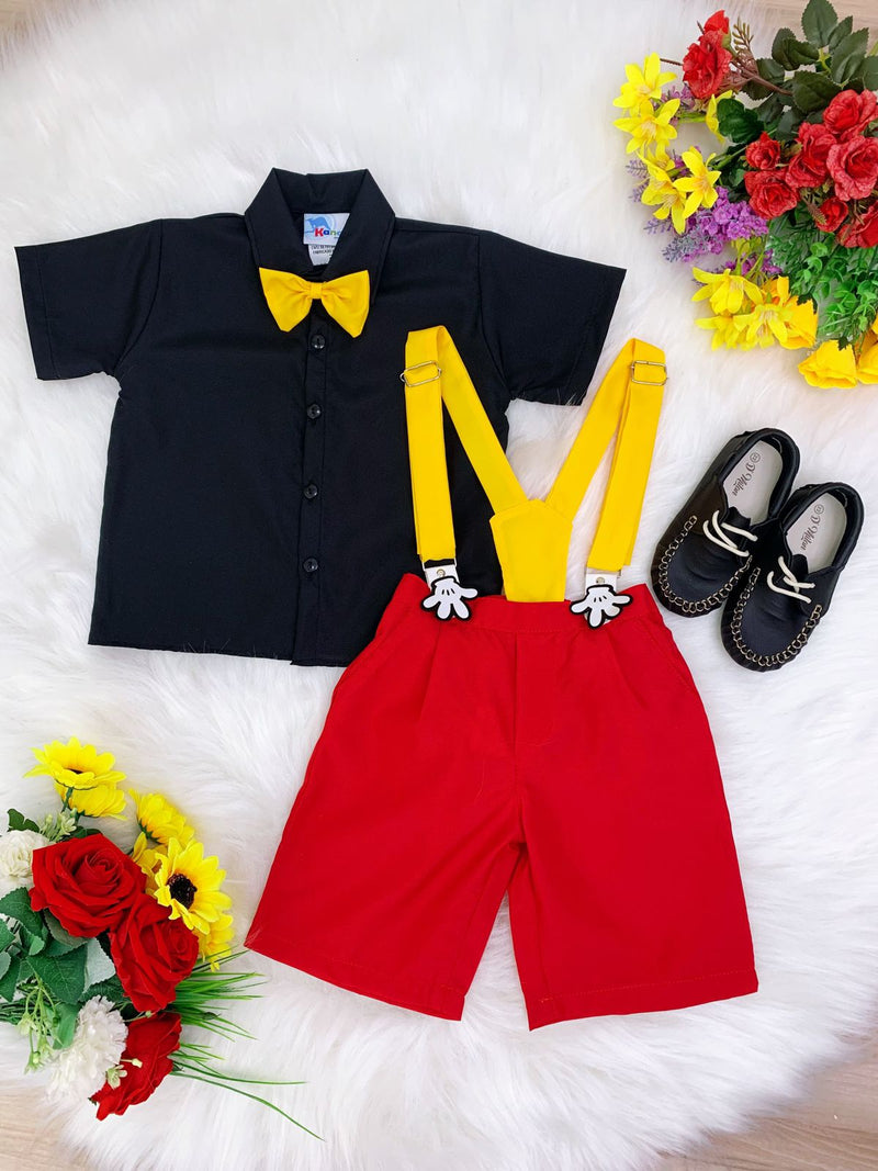 Conjunto Camisa Preta e Short Vermelha C/ Susp. Mickey