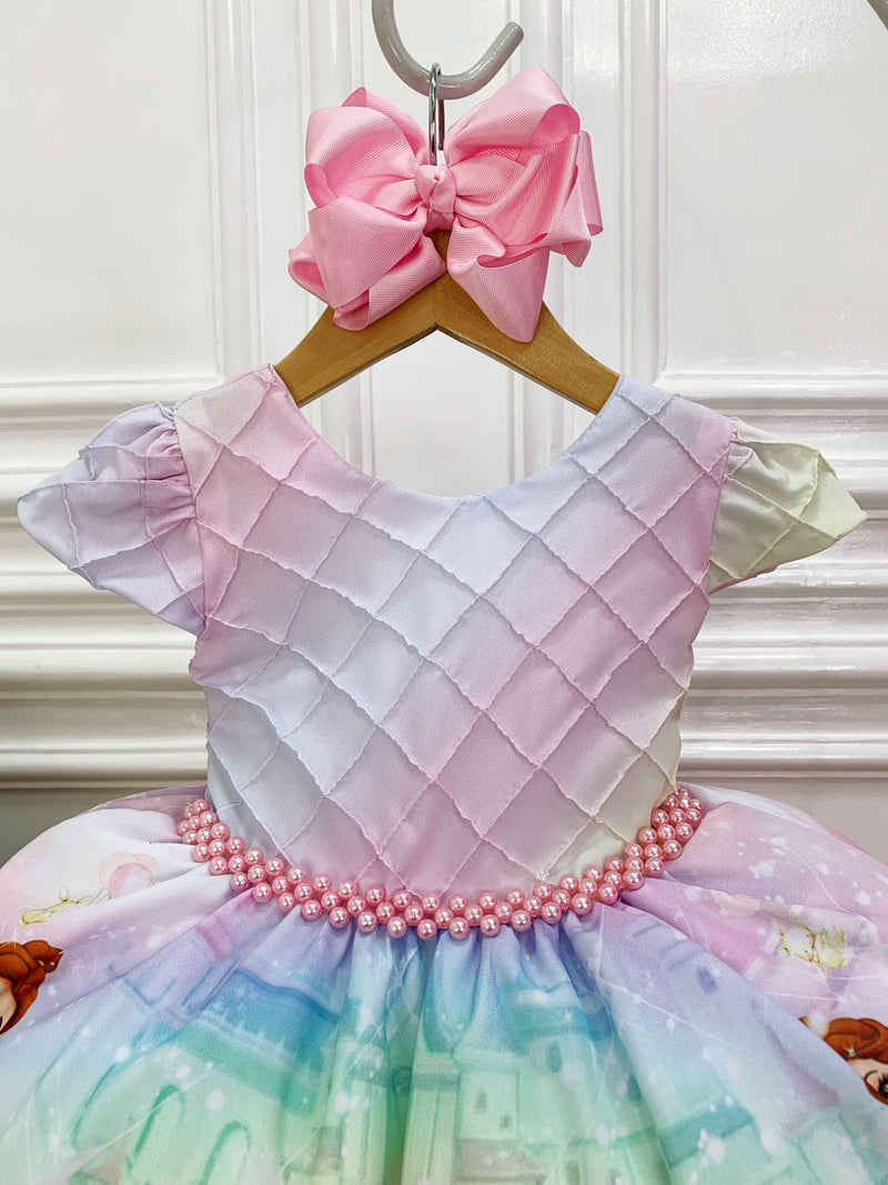 Vestido Infantil Rosa Princesas Peito Nervura Cinto Pérolas