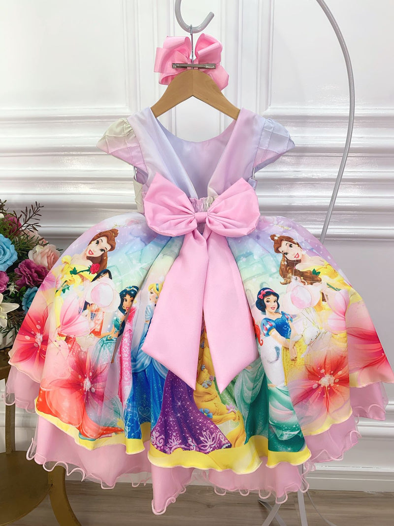 Vestido Infantil Rosa Princesas Peito Nervura Cinto Pérolas