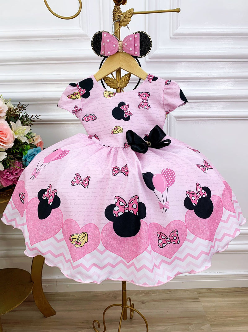 Vestido Infantil Minnie Rosa Com Broche de Laço Luxo