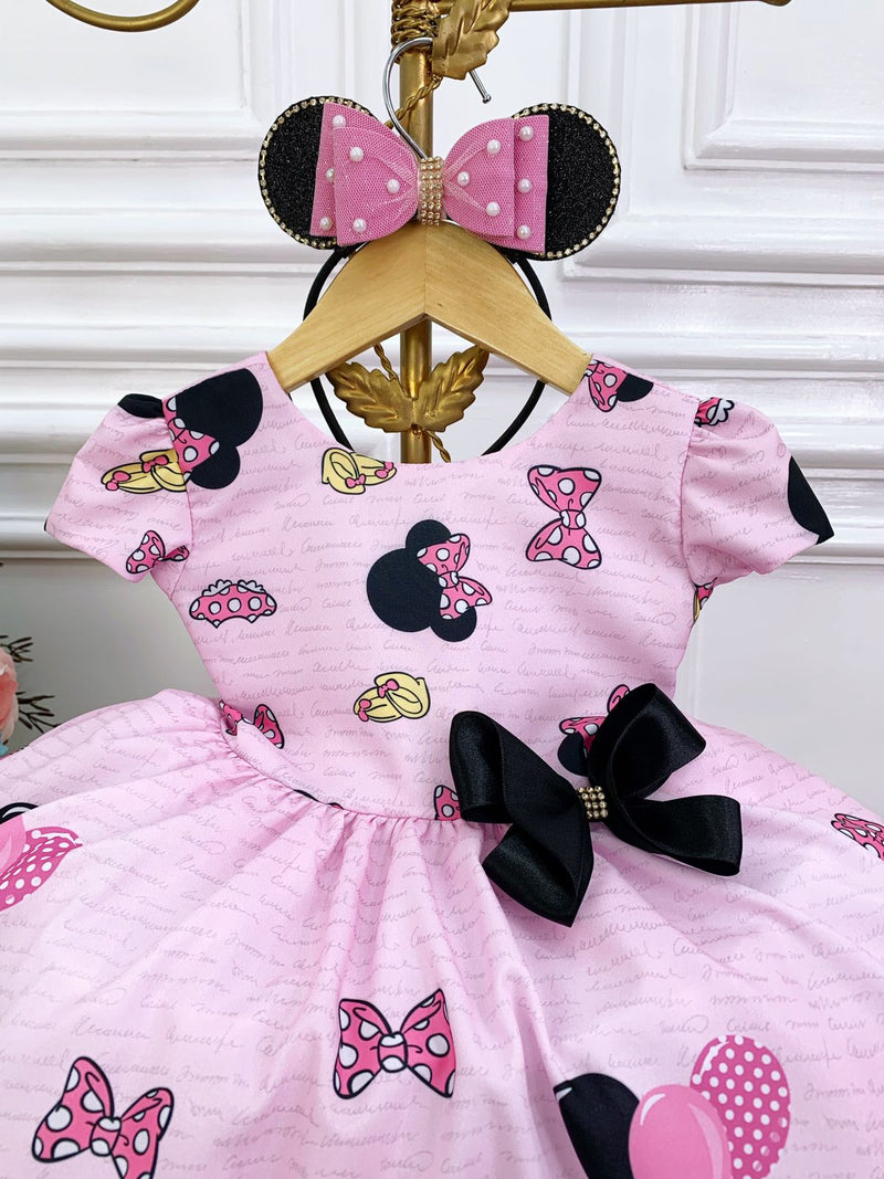 Vestido Infantil Minnie Rosa Com Broche de Laço Luxo