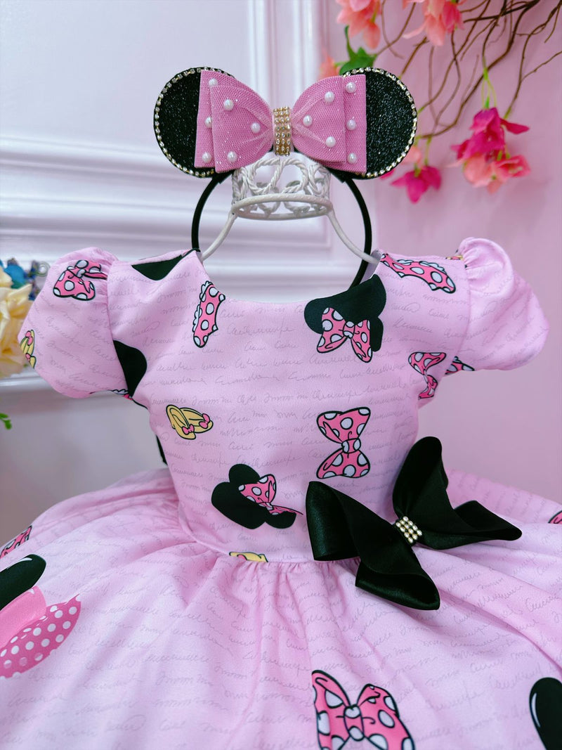 Vestido Infantil Minnie Rosa Com Broche de Laço Luxo