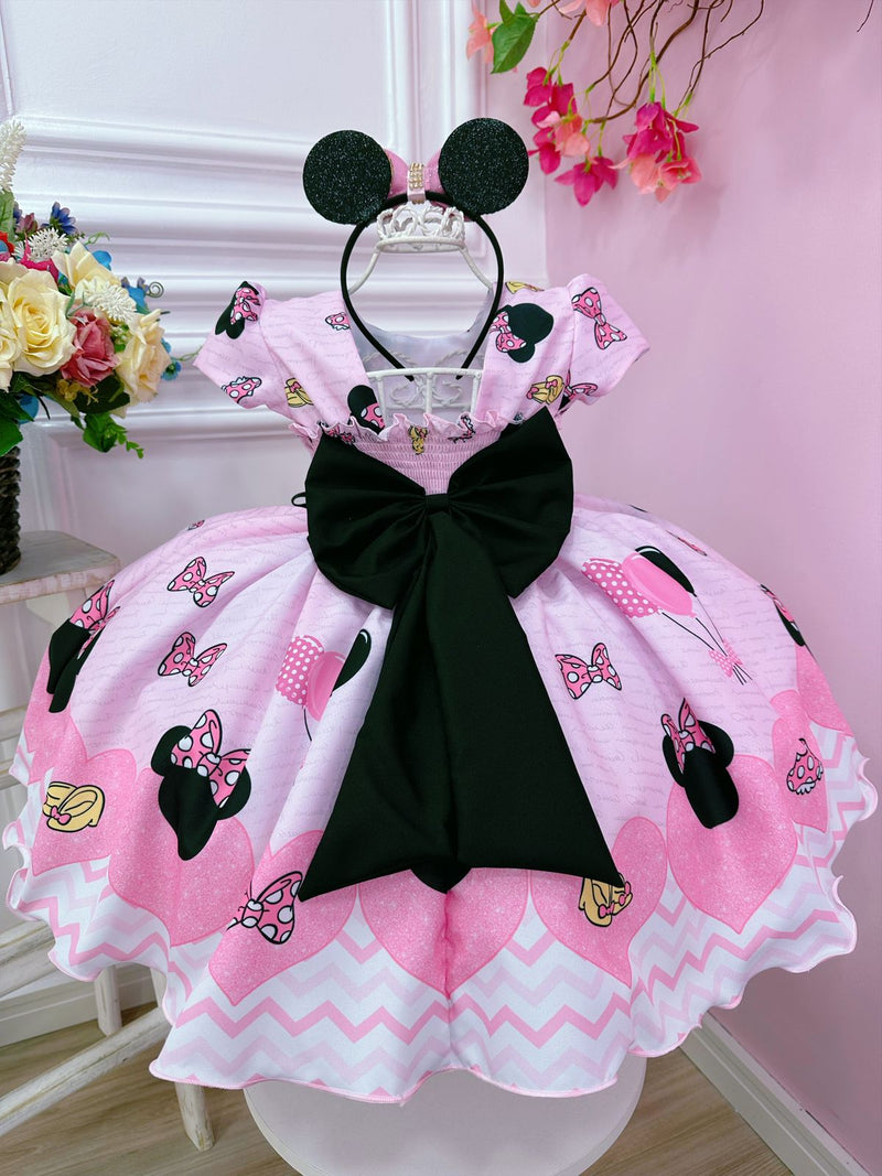 Vestido Infantil Minnie Rosa Com Broche de Laço Luxo