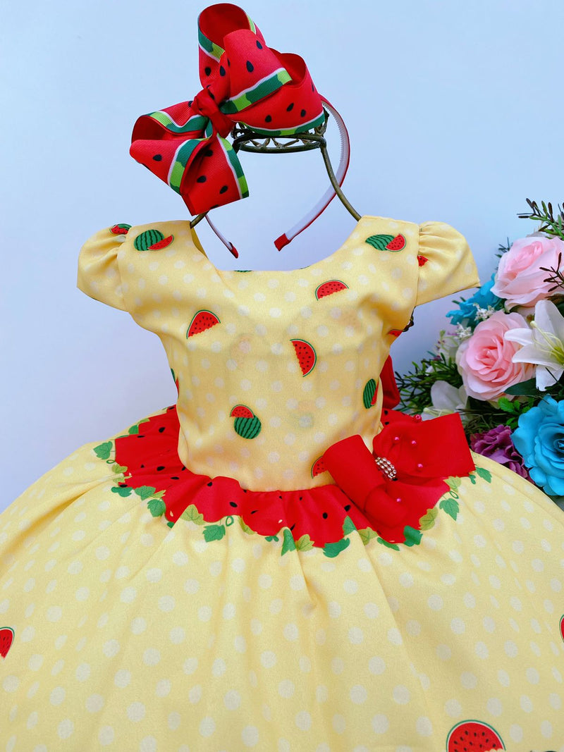 Vestido Infantil Magali Amarelo Melancia Laço Vermelho Luxo