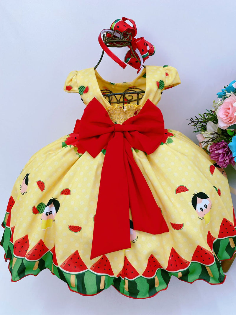 Vestido Infantil Magali Amarelo Melancia Laço Vermelho Luxo