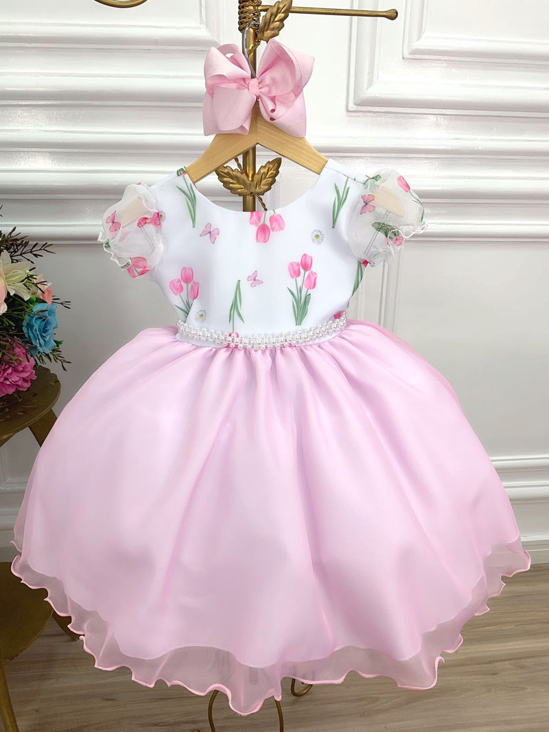 Vestido Infantil Branco Flores Tulipas e Cinto de Pérolas