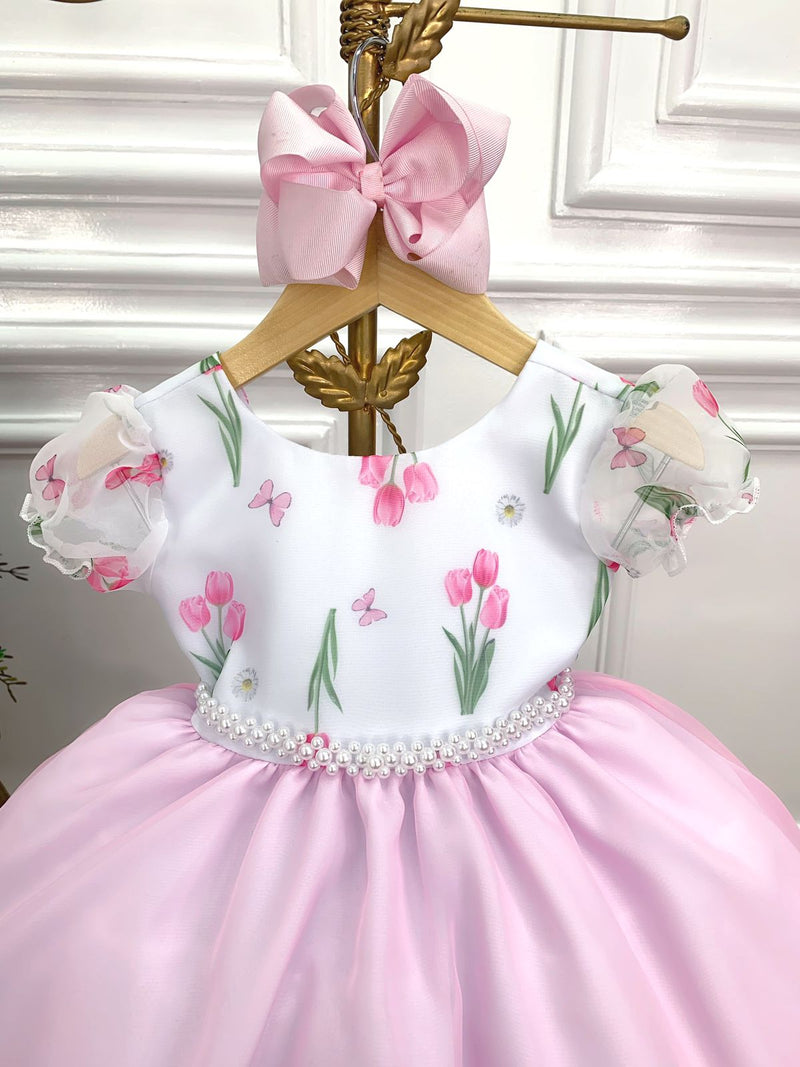 Vestido Infantil Branco Flores Tulipas e Cinto de Pérolas