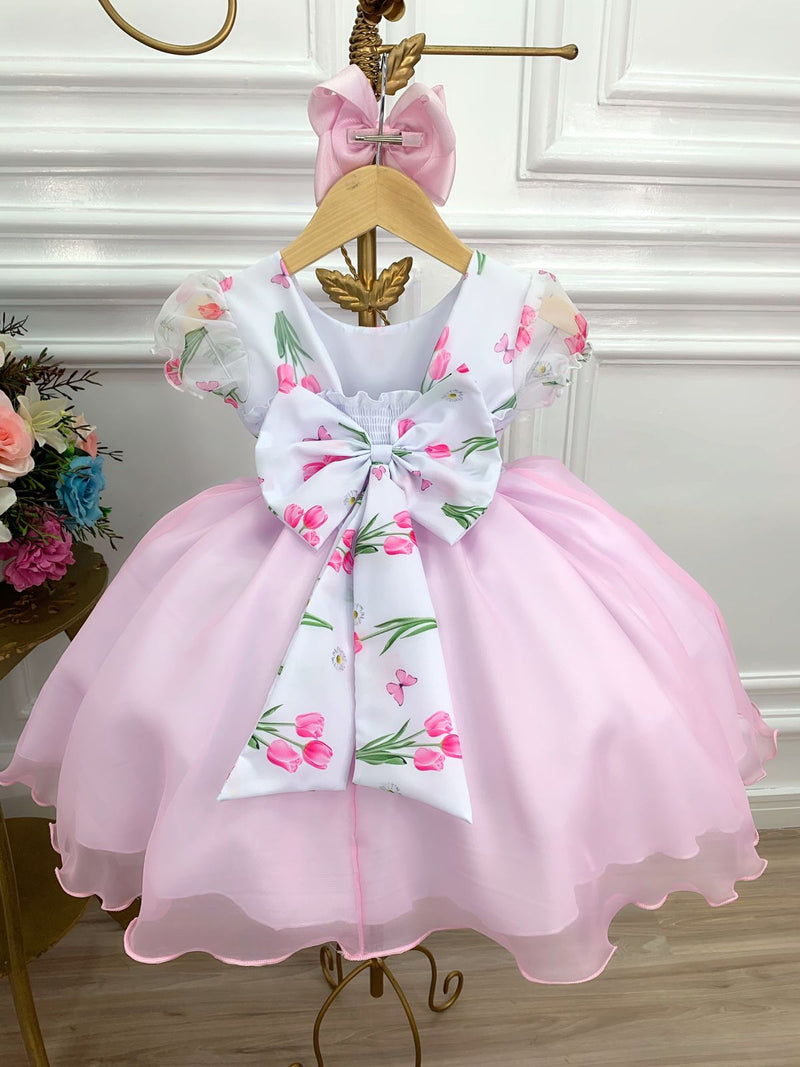 Vestido Infantil Branco Flores Tulipas e Cinto de Pérolas