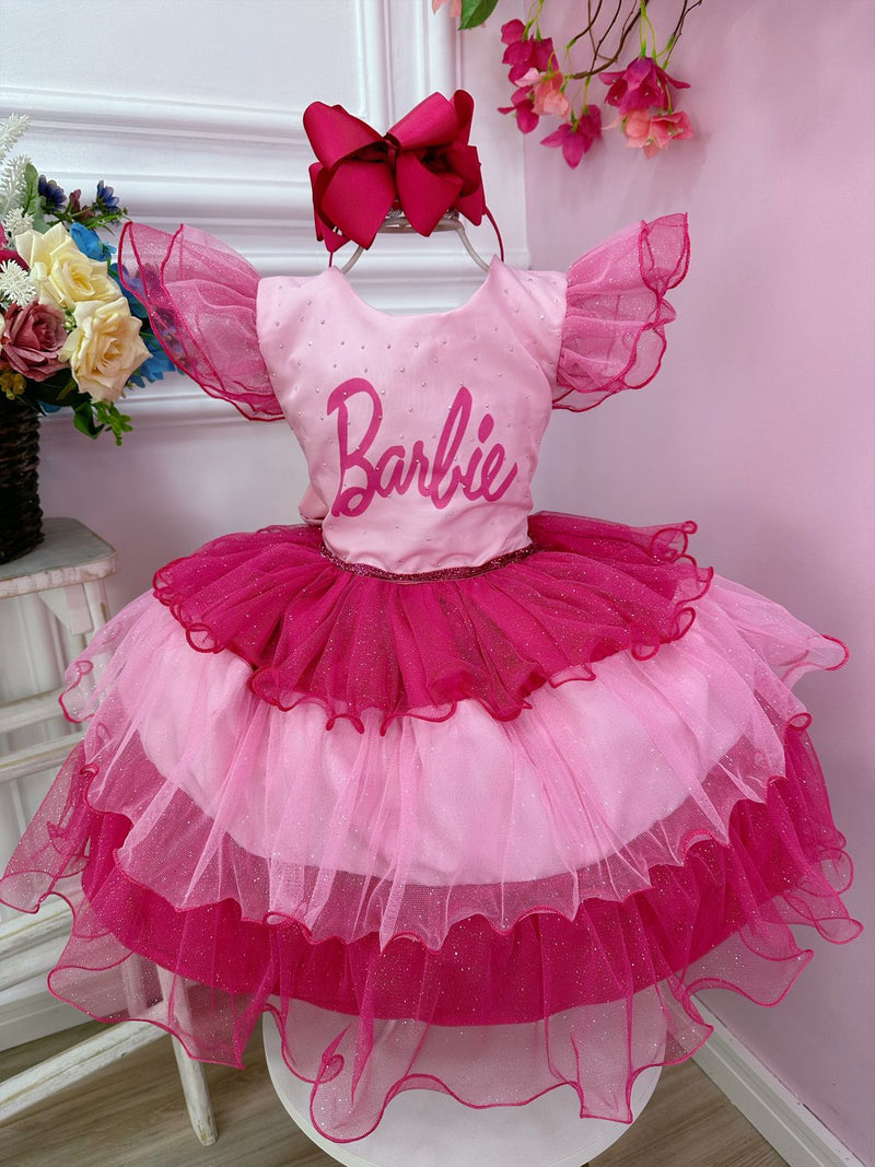 Vestido Infantil Rosa Barbie Peito Strass Glitter Luxo