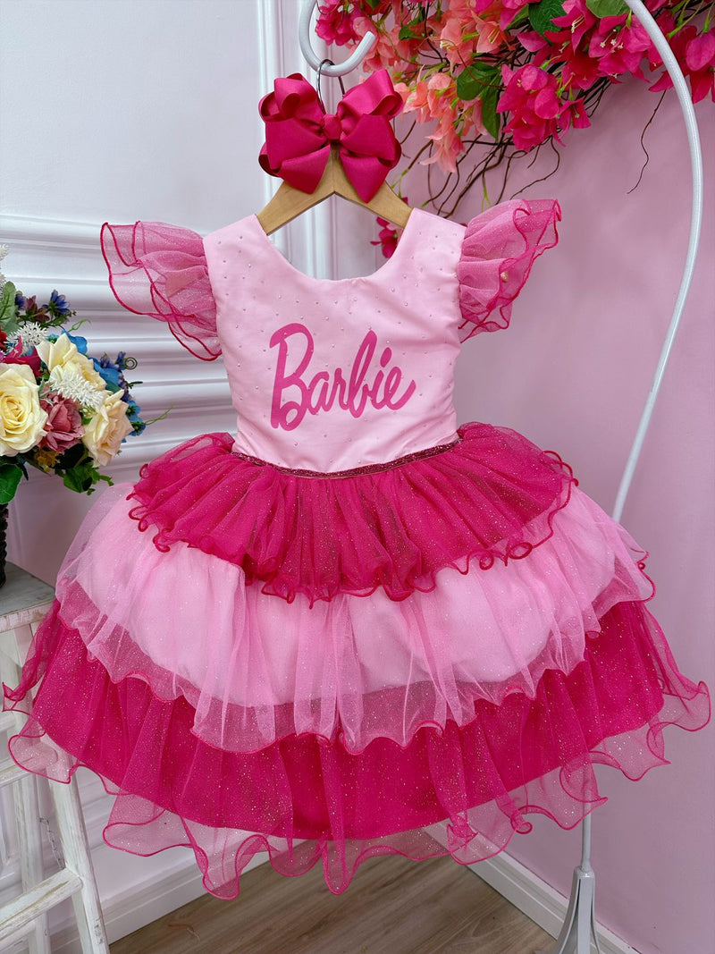 Vestido Infantil Rosa Barbie Peito Strass Glitter Luxo